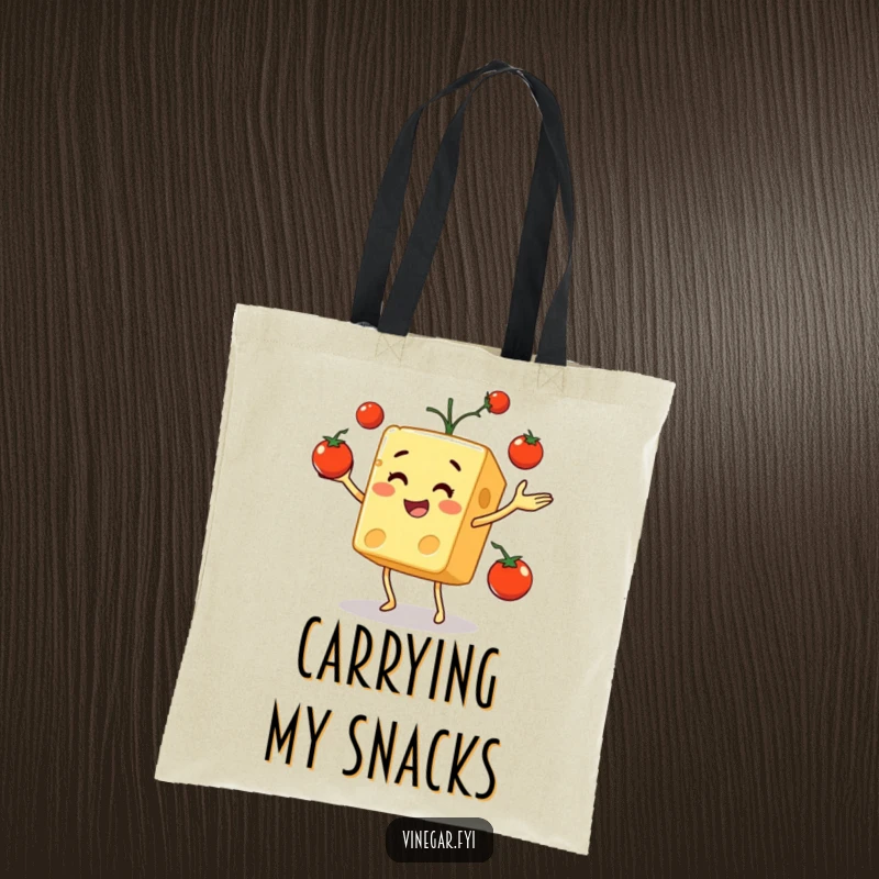 Funny tote bag with a jovial cheese cube skillfully juggling bright red cherry tomatoes, perfect for carrying essentials.