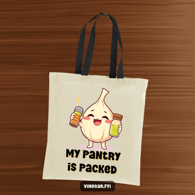 Funny giggling garlic clove character triumphantly holding a vinaigrette shaker on a reusable tote bag, excellent funny gift.