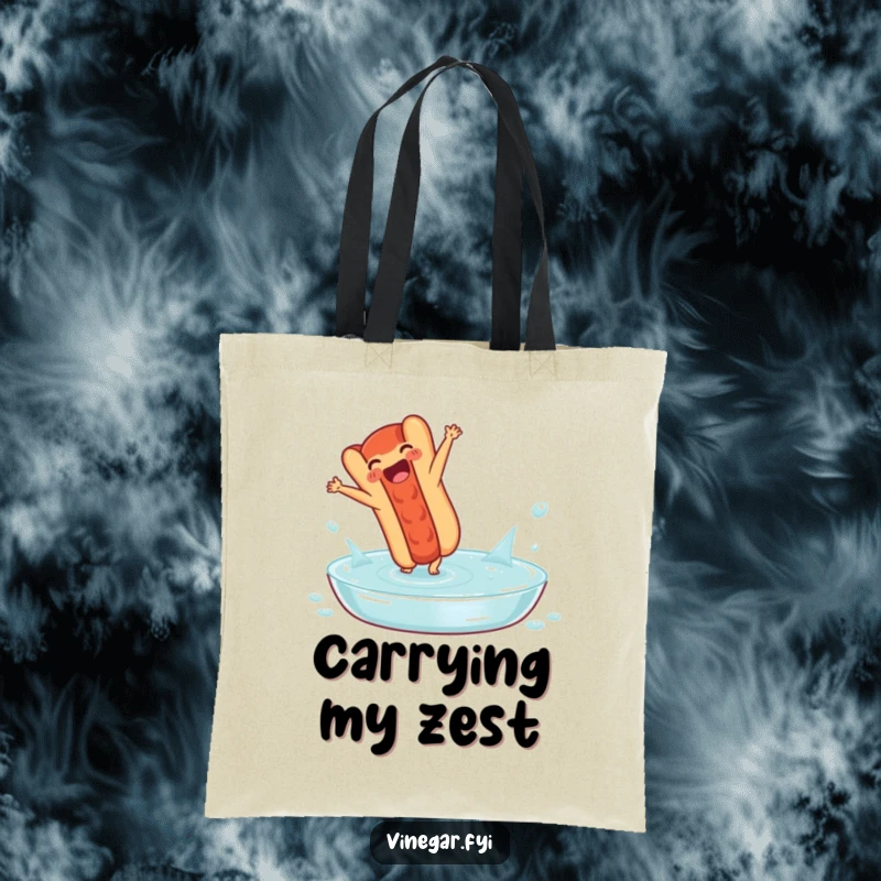 Funny tote bag: A delighted hot dog performs a cartwheel in a pool of vinegar, ideal for carrying items with a humorous, food-centric twist.
