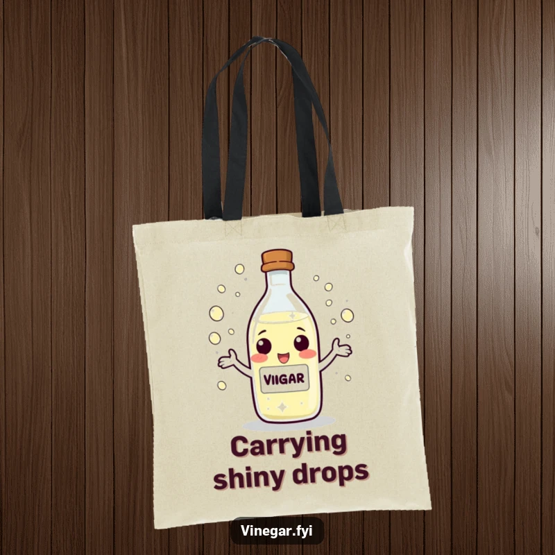 Funny Tote Bag with a playful vinegar bottle character juggling tiny, sparkling droplets, showing off its skillful and fun nature.