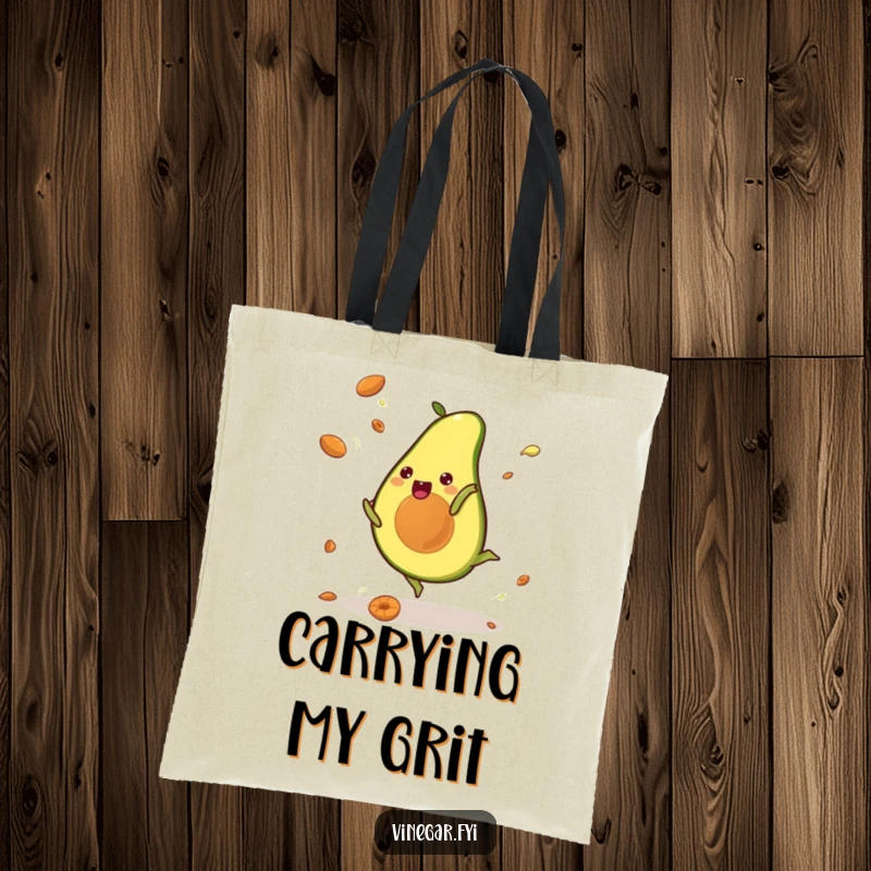 Funny tote bag with a kawaii avocado doing a cartwheel, pits flying, depicting energetic movement and playful, fruity fun.