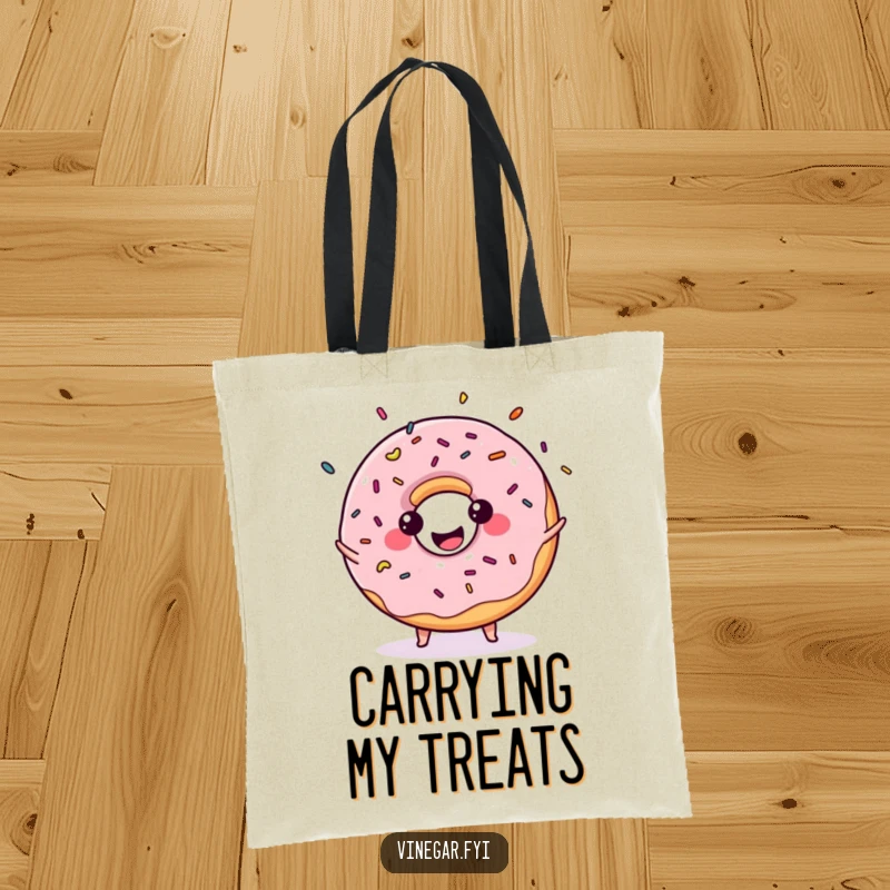Funny tote bag with a kawaii donut enthusiastically juggling sprinkles, perfect for carrying goodies with a smile.