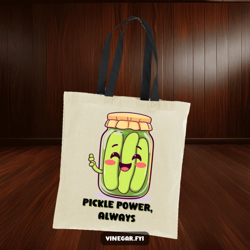 Funny tote bag with a happy Kawaii pickle jar character smiling and offering a pickle, perfect for grocery runs, a funny gift.