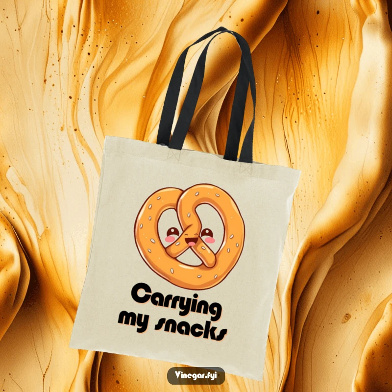 Funny tote bag with a kawaii pretzel twisting playfully, its cheerful, salty gleam perfect for carrying essentials.