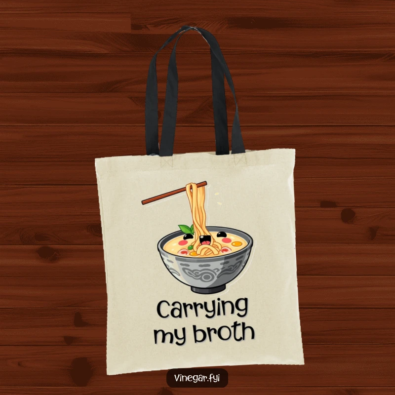 Funny kawaii ramen bowl slurping noodles with exaggerated delight, on a spacious tote bag, perfect for carrying groceries or essentials.