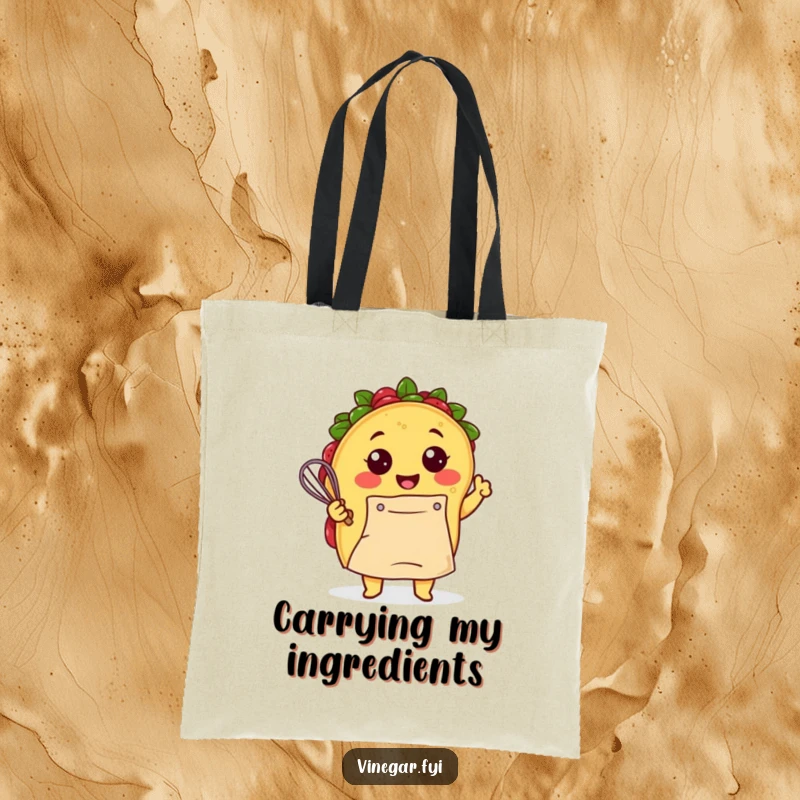 Funny Kawaii taco, apron tied neatly, enthusiastically whisking batter on this durable and funny tote bag. A chef's companion.