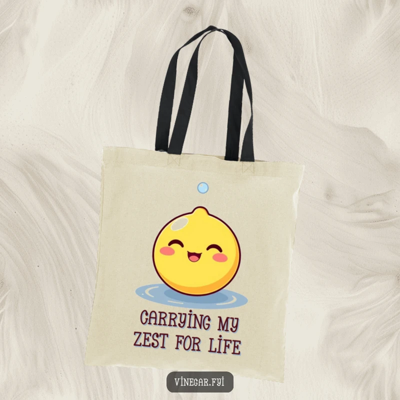 Funny, round lemon character beaming happily as a tiny droplet bounces off its surface, printed on a durable and cheerful tote bag.