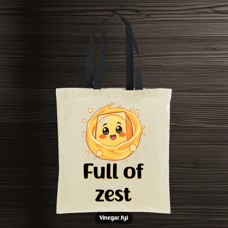 Funny round orange juice box character with excited eyes spinning in bubbly liquid, printed on a durable and humorous tote bag.