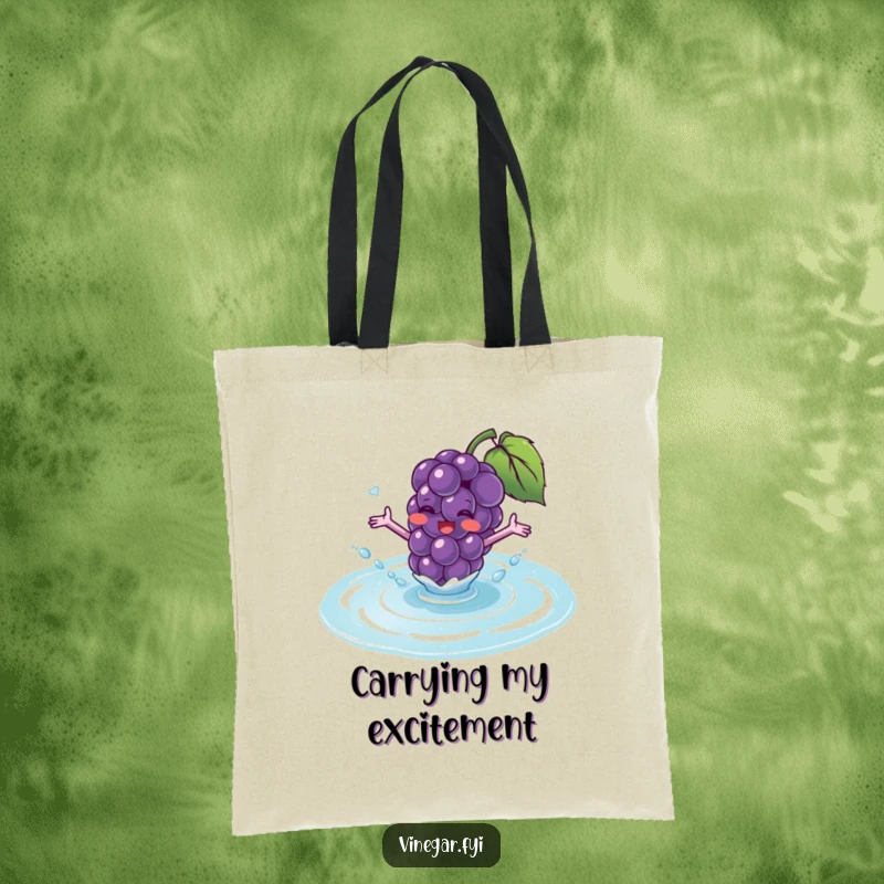 Funny tote bag with a blushing purple grape with tiny arms excitedly splashing into translucent fluid.