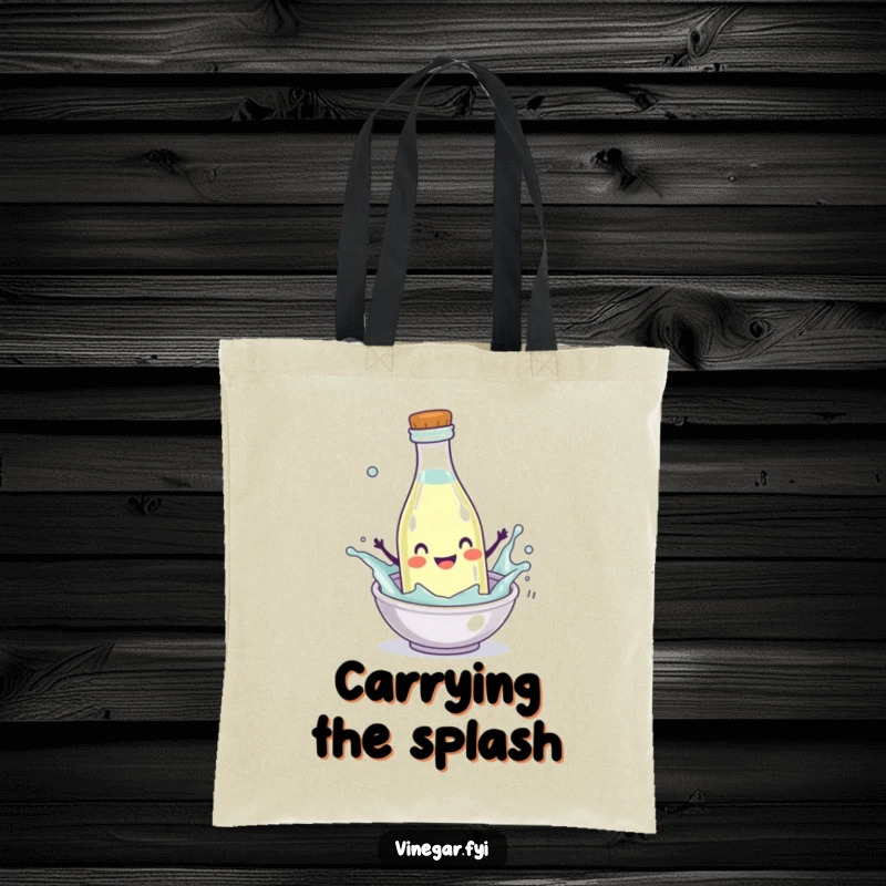 Funny Tote Bag with a happy vinegar bottle character splashing enthusiastically into a mini-dish, showing its joyful and energetic nature.