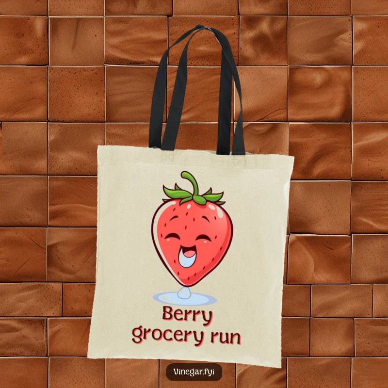 Funny tote bag depicting a cheerful strawberry wincing as a droplet of vinegar lands nearby, great for carrying items with a humorous touch.