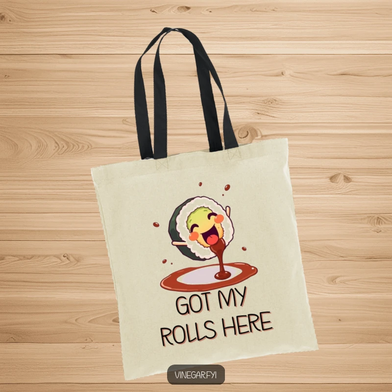 Funny tote bag illustrating a happy sushi roll doing a cartwheel with a dynamic splash of soy sauce, a lively accessory.