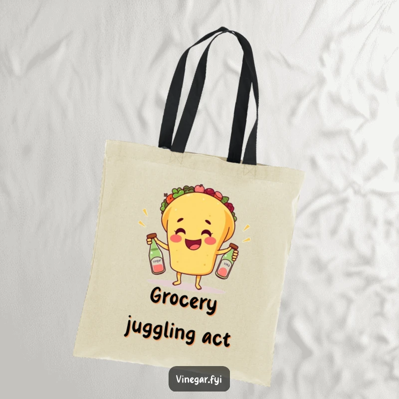 Funny tote bag depicting a happy taco juggling three small bottles of vinegar, great for carrying items with a humorous, festive touch.