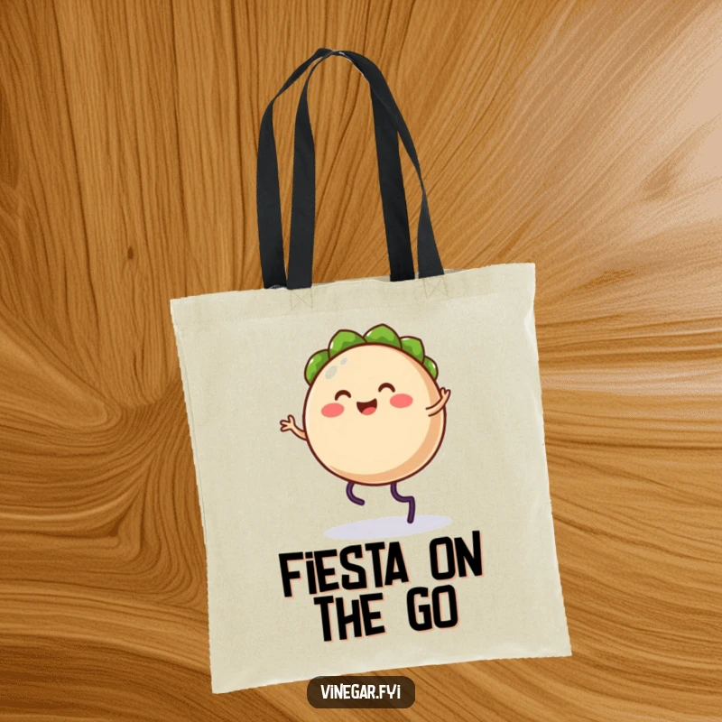 Funny tote bag with a happy taco character with legs doing a silly jig, perfect for carrying goodies.