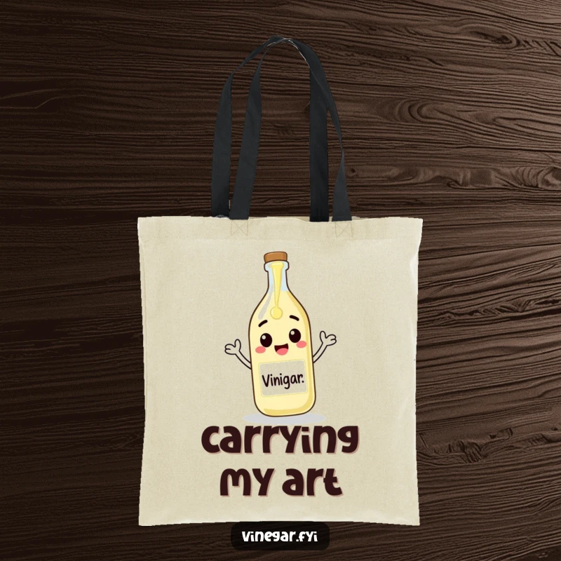 Funny tote bag with a cheerful vinegar bottle pouring itself onto a blank canvas, perfect for carrying art supplies with humor.