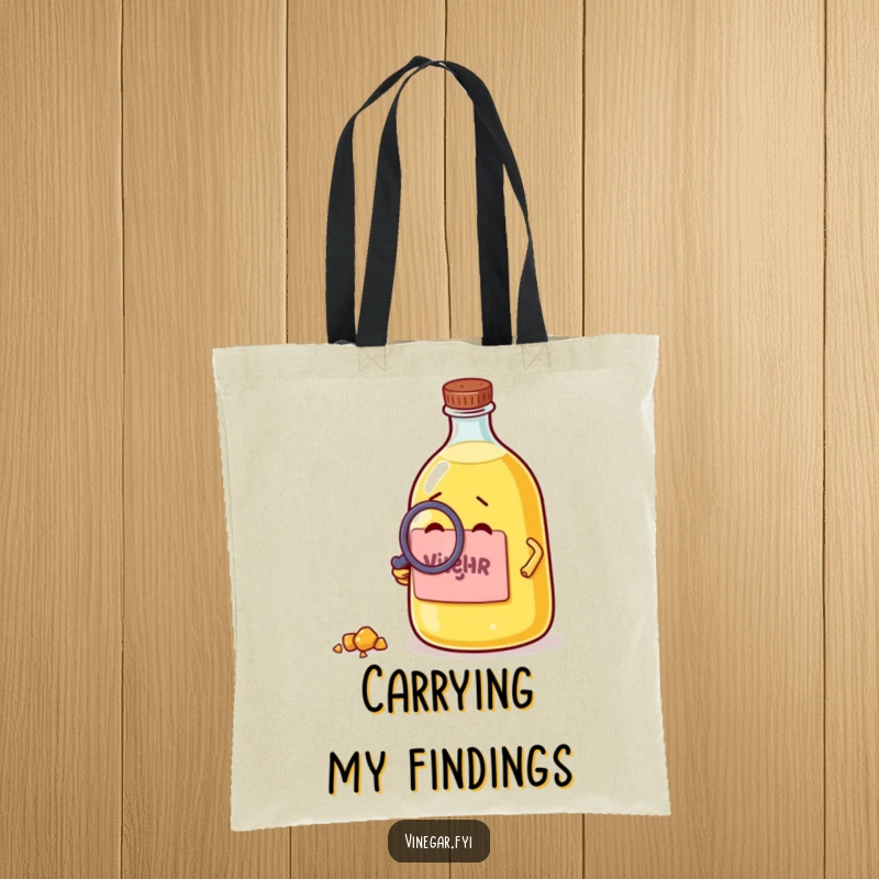 Funny tote bag with a curious vinegar bottle examining a crumb through a magnifying glass, perfect for carrying your discoveries.
