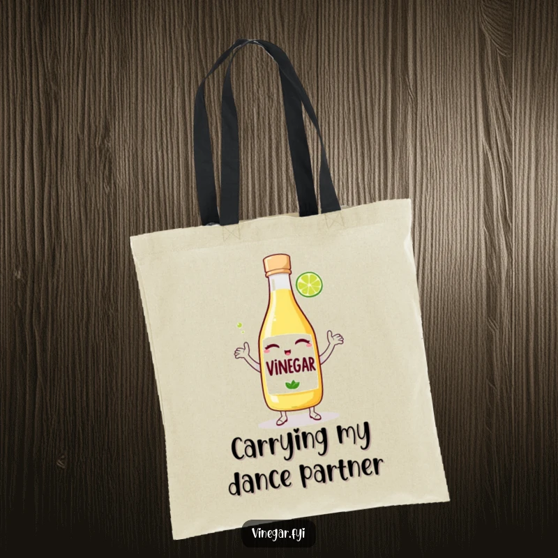 Funny tote bag: A winking bottle of vinegar dances with a lime wedge, perfect for carrying groceries with a side of culinary celebration.