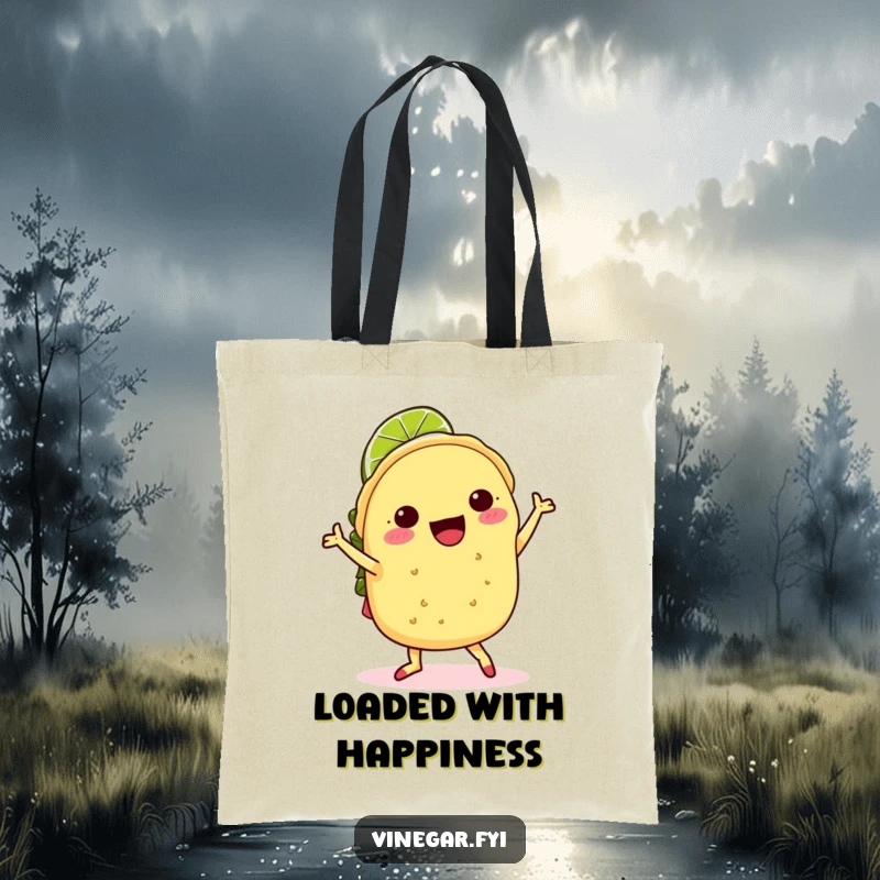 Funny kawaii taco doing a joyful jig with a lime slice hat, on a spacious tote bag, perfect for carrying groceries or gear.