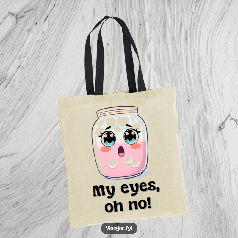 Funny surprised jar of cloudy liquid tote bag, recoiling with shock, ideal for carrying essentials with humor as a funny gift.
