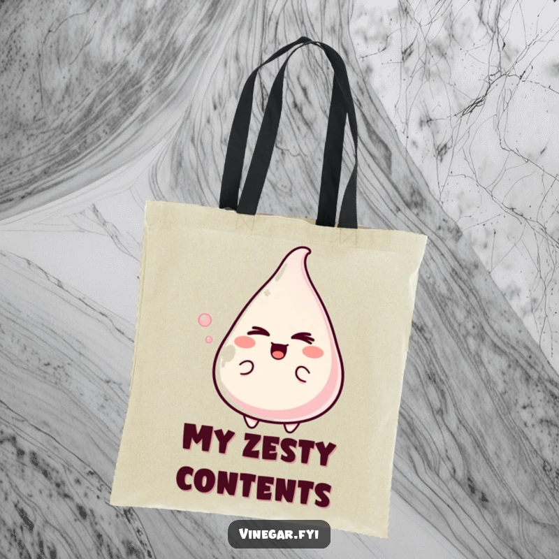 Funny Tote Bag showcasing a delighted vinegar character with a mischievous wink, perfect for carrying daily necessities with a dash of attitude.
