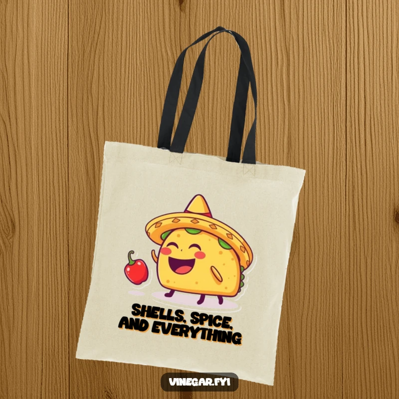Funny taco wearing a sombrero bounces a chili pepper on its head, depicted on a durable and humorous tote bag.