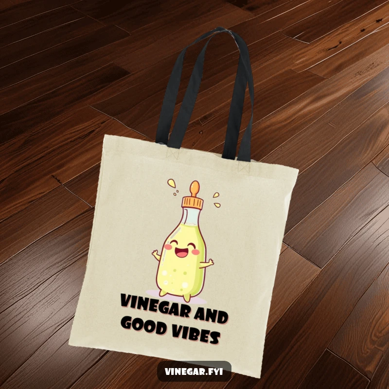 Funny tote bag with a grinning condiment bottle aggressively squirting a stream of vinegar, showcasing playful condiment power.